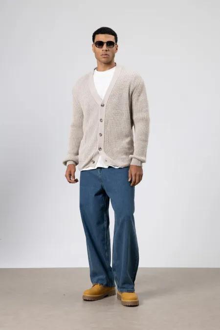 V Yaka Düğmeli Örgü Hırka Kazak Koyu Taş