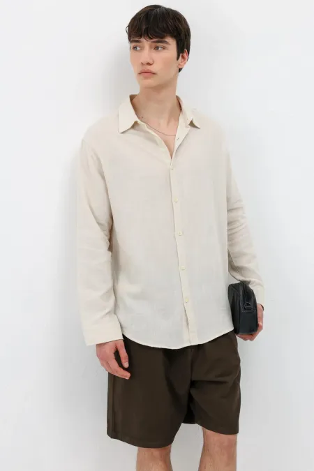 Uzun Kollu Basic Oversize Gömlek Bej
