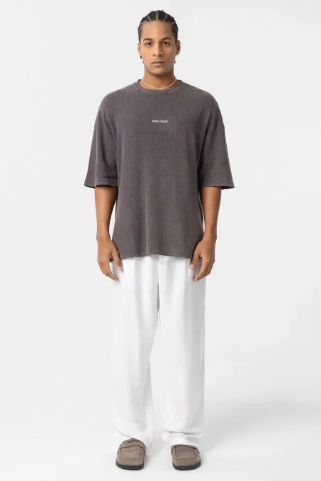 Yıkamalı Arka Baskılı Oversize Tişört Kahve