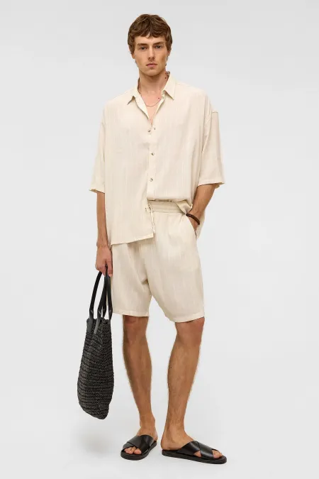 Oversize Çizgili Keten Şort Beyaz