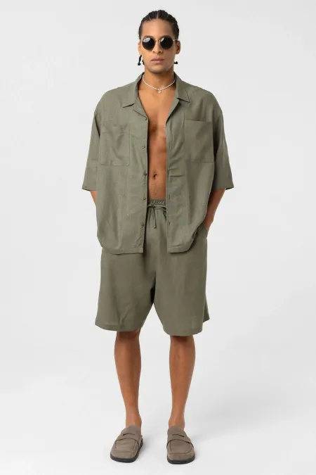 Oversize Keten Şort Haki