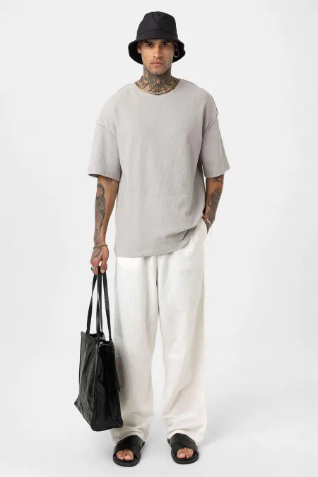 Arka Yazı Baskılı Oversize Triko Tişört Gri