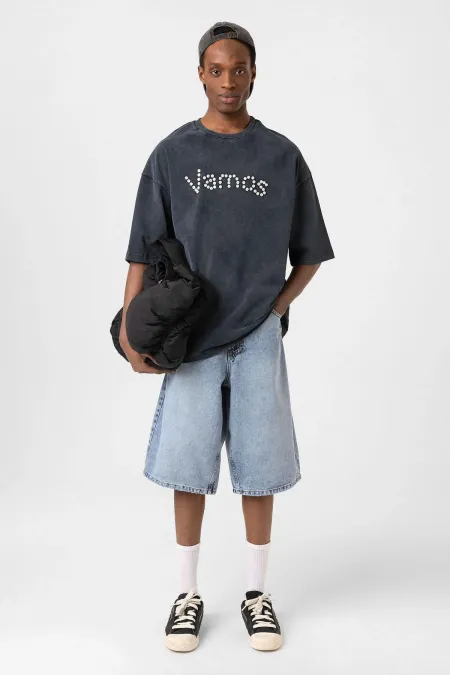 Yıkamalı Düğme Detaylı Oversize Tişört Siyah