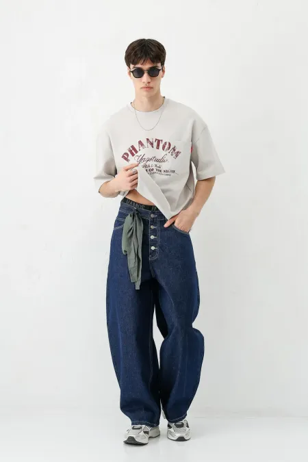 Kısa Kollu Boxy Fit Baskılı Tişört Gri