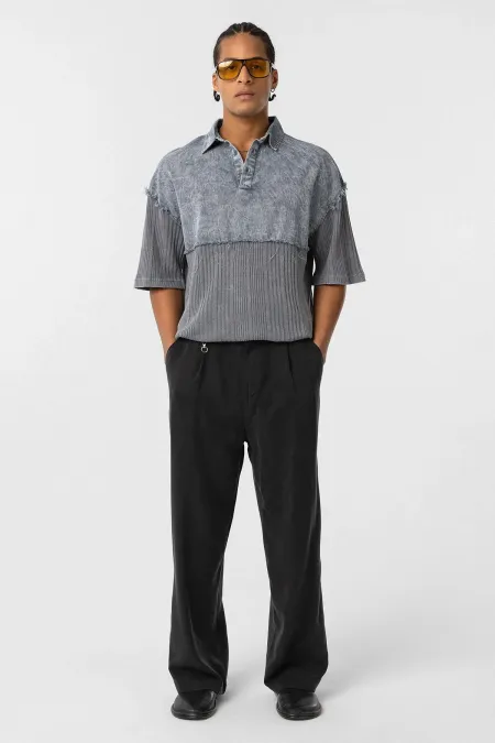 Yıkamalı Oversize Polo Yaka Tişört Gri