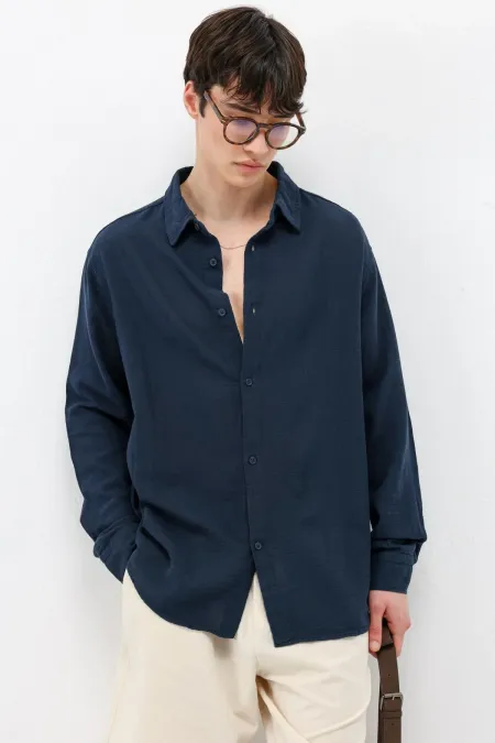 Uzun Kollu Basic Oversize Gömlek Lacivert
