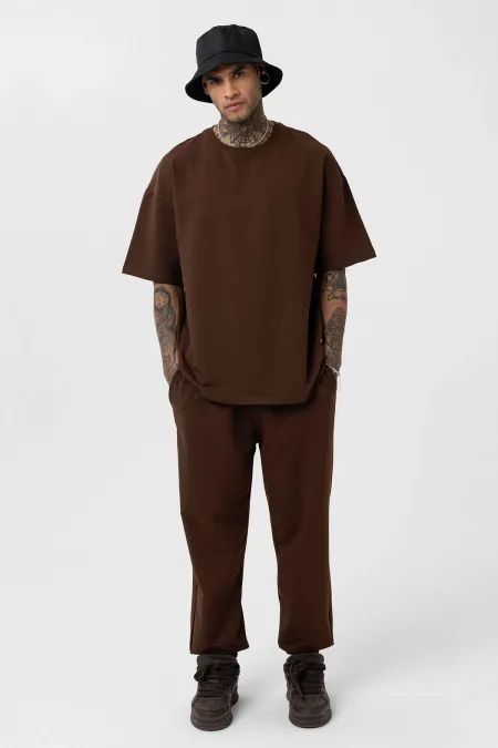 Paça Lastikli Basic Oversize Eşofman Takımı Kahve