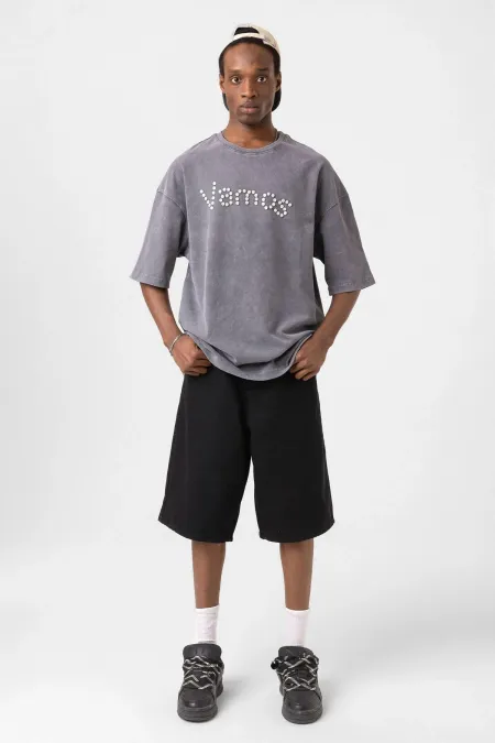 Yıkamalı Düğme Detaylı Oversize Tişört Füme