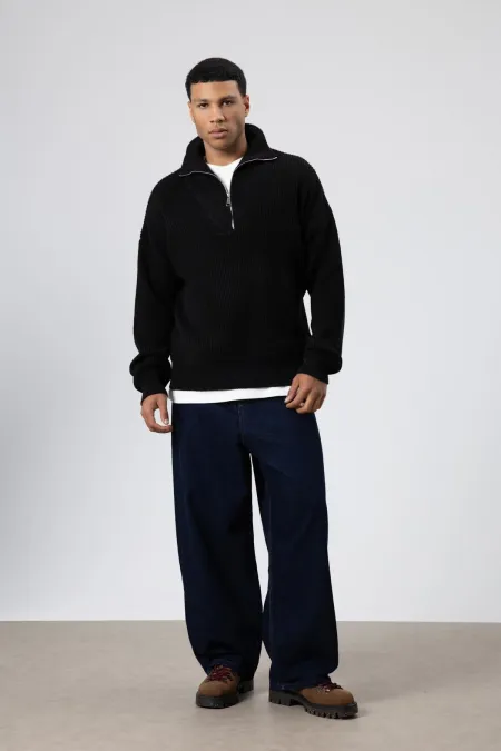 Yarım Fermuarlı Triko Kazak Siyah