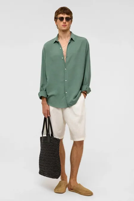 Chemise en lin kaki à manches longues oversize