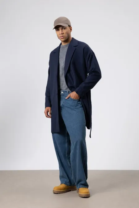 Kemerli Oversize Kaşe Kaban Lacivert