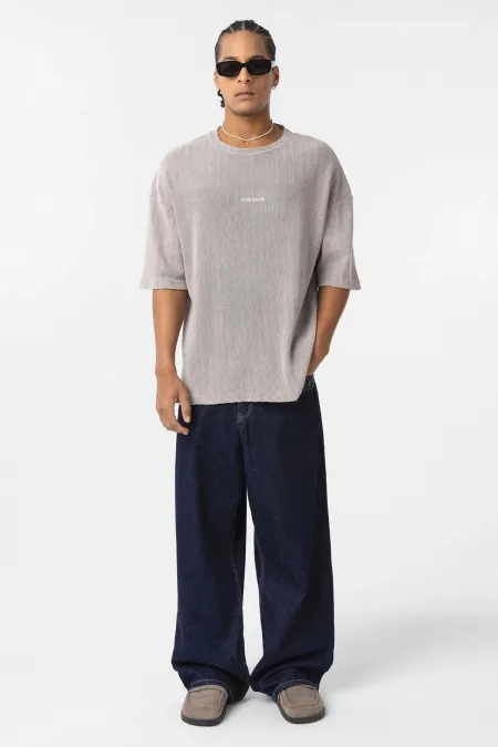 Yıkamalı Arka Baskılı Oversize Tişört Taş