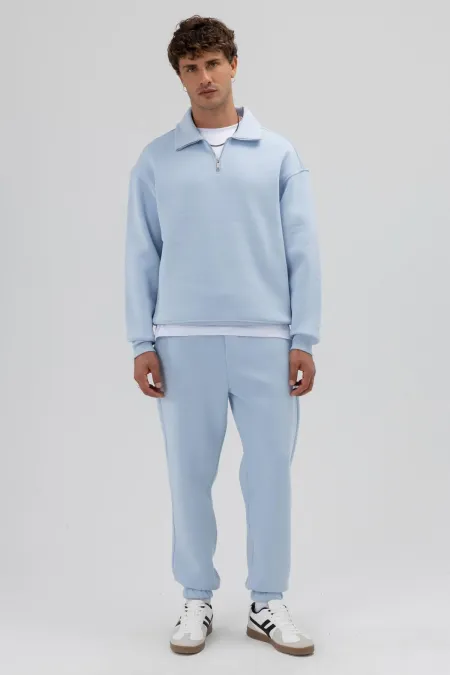 Oversize Fermuarlı Dik Yaka Sweatshirt Bebe Mavi