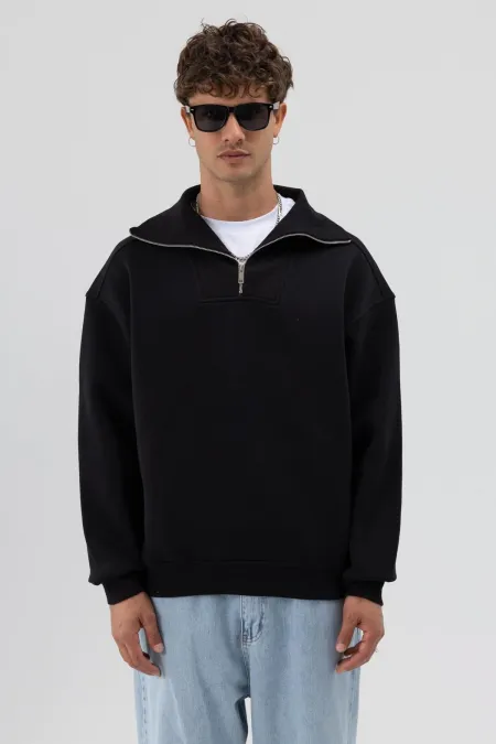 Sweat-shirt noir basique à fermeture éclair et col montant