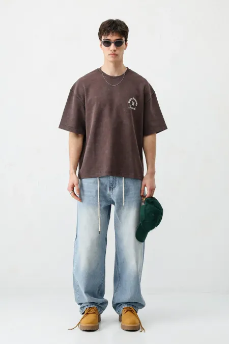 Kısa Kollu Boxy Fit Baskılı Tişört Kahve