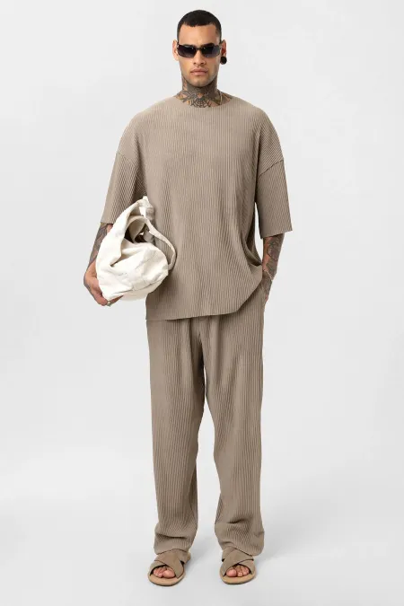 Basic Oversize Bisiklet Yaka Ottoman Takım Vizon