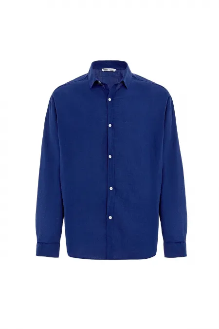 Basic Oversize Pamuk Keten Gömlek Saks Basic Oversize Pamuk Keten Gömlek Saks
