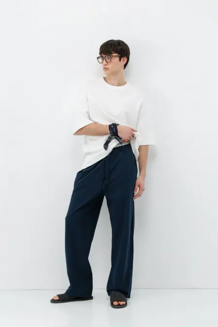 Bel Lastikli Baggy Fit Keten Pantolon Lacivert