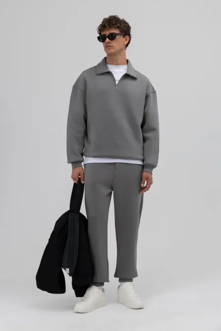 Oversize Fermuarlı Dik Yaka Sweatshirt Füme