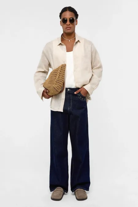 %100 Keten Oversize Uzun Kollu Gömlek Bej