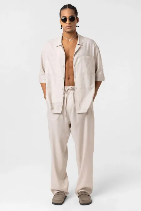 Baggy Keten Pantolon Bej