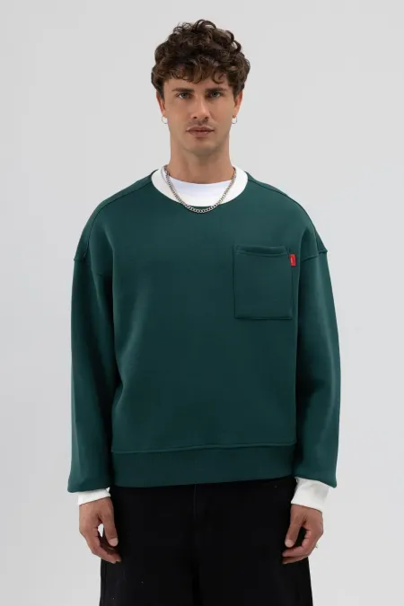 Sweat-shirt oversize à col rond avec poche, bleu marine