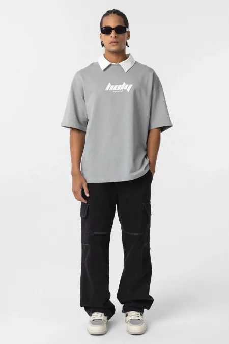 Polo Yaka Oversize Baskılı Tişört Gri