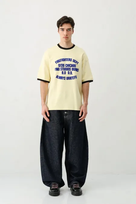 Baskılı Bisiklet Yaka Oversize Tişört Sarı