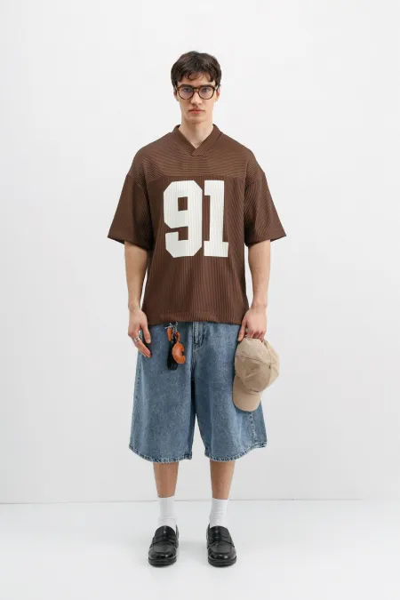 Baskılı Fitilli Oversize Tişört Kahve