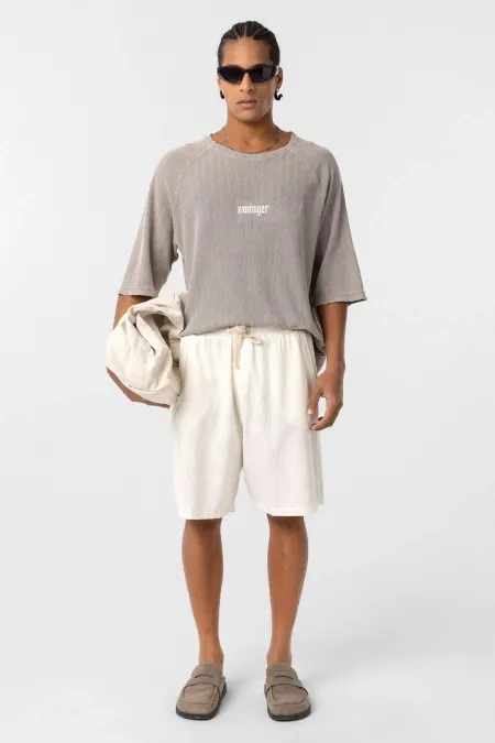 Yıkamalı Oversize Baskılı Triko Tişört Taş