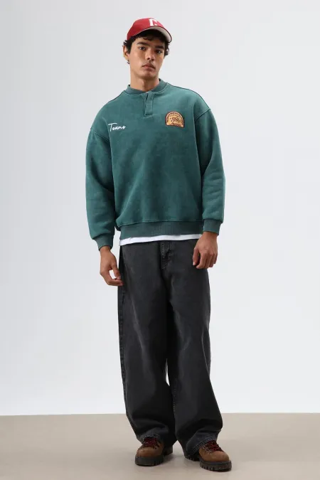 Sweat-shirt oversize à col rond imprimé, bleu marine