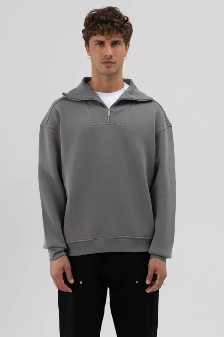 Sweat-shirt basique à fermeture éclair, gris foncé