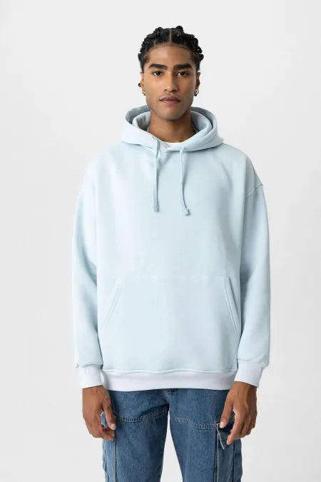 Basic Oversize Yıkamalı Hoodie Bebe Mavi