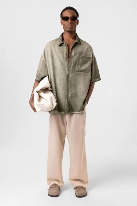 Yıkamalı Kısa Kollu Oversize Gömlek Haki