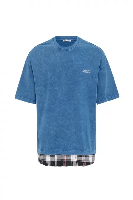 Yıkamalı Oversize Ekose Detaylı Tişört İndigo