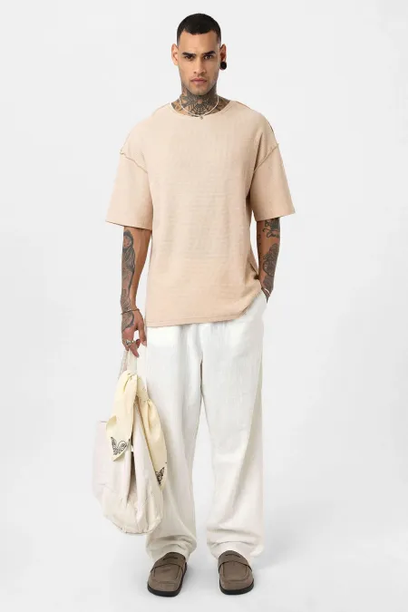 Arka Yazı Baskılı Oversize Triko Tişört Bej