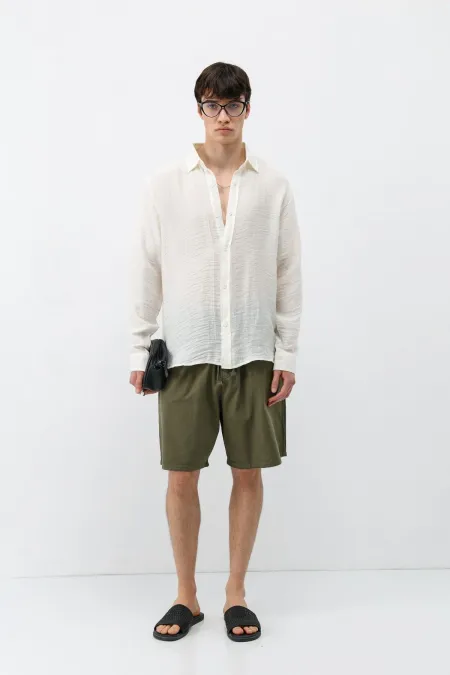 Dokulu Oversize Gömlek Ekru