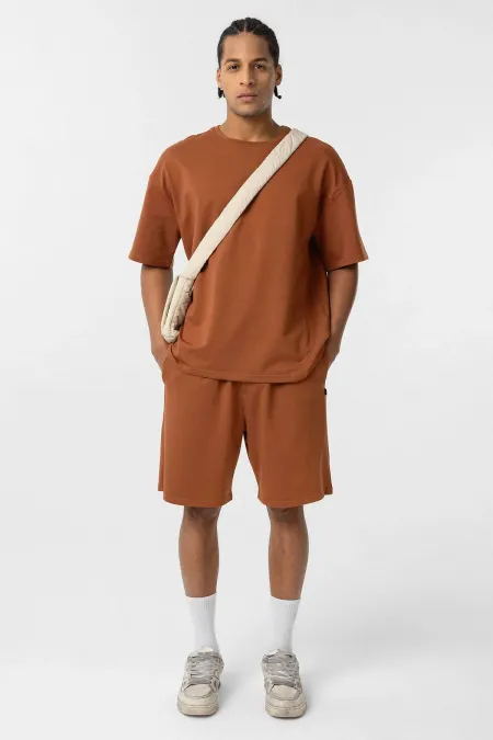 Basic Oversize Şort Takım Camel