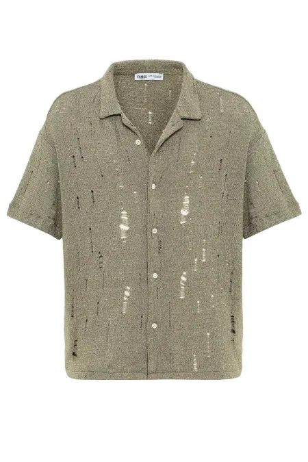 Oversize Deliklı Triko Gömlek Haki