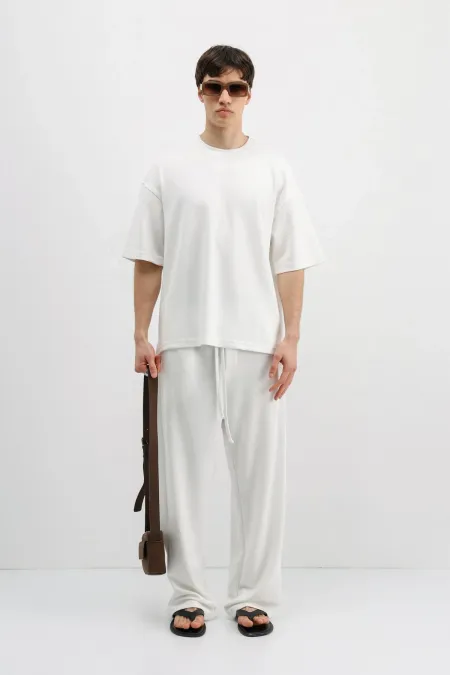 Fitilli Dokulu Oversize Tişört Ekru