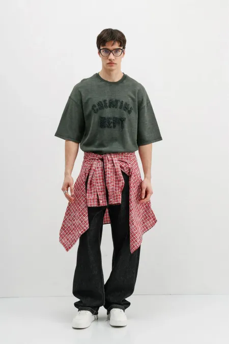 Yıkamalı Yazı Baskılı Oversize Tişört Nefti