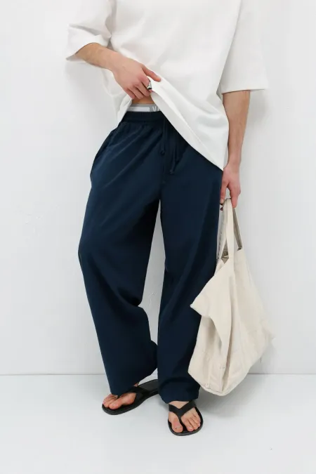 Super Baggy Fit Keten Pantolon Lacivert