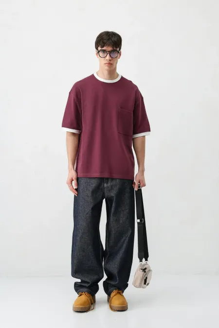 Kısa Kollu Oversize Cepli Tişört VİŞNE