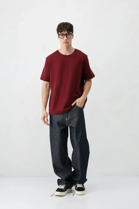 Kısa Kollu Boxy Fit Tişört Bordo