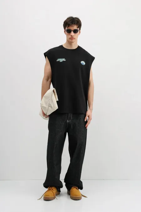 Oversize Baskılı Kolsuz Tişört Siyah