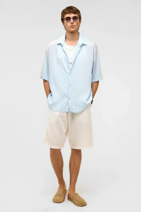 Oversize Striped Short-Sleeved Modal Fabric Shirt, Baby Blue