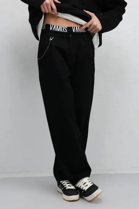 Pileli Zincir Detaylı Baggy Jean Siyah