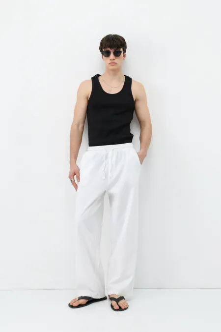 Bel Lastikli Baggy Fit Keten Pantolon Beyaz