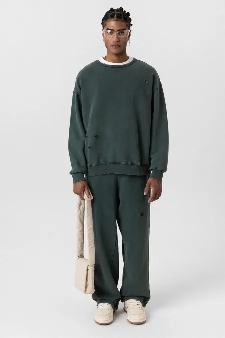 Premıum Yıkamalı Yırtık Detaylı Oversize Eşofman Takım Yeşil