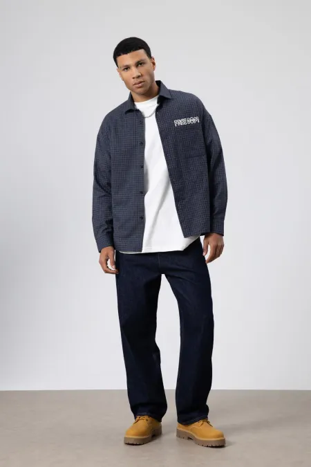 Oversize Baskılı Günlük Kareli Gömlek Lacivert